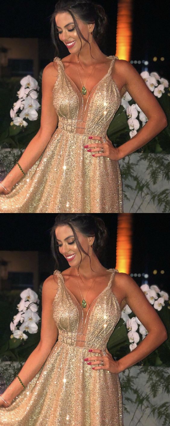 Long Gold Sequin Plunge V Neck Evening prom Gown Dresses cg3553