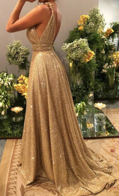 Long Gold Sequin Plunge V Neck Evening prom Gown Dresses cg3553