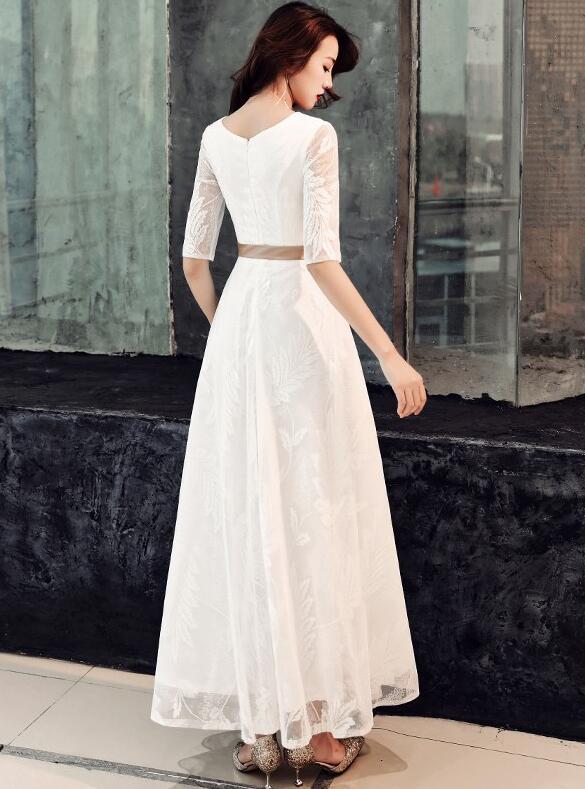 Elegant White Lace Long Short Sleeves Wedding Party prom Dress With Bow, Evening Dress cg3570