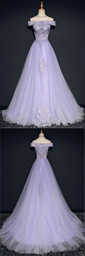 Lavender Off Shoulder Long Tulle Prom Dresses with Lace cg3678