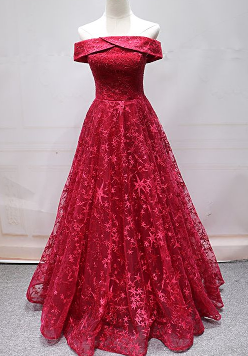 Red Lace Strapless Long Off Shoulder Line Prom Dress, Red Evening Dress cg3750