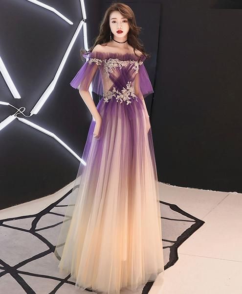 Elegant tulle lace long prom dress purple tulle evening dress cg3807