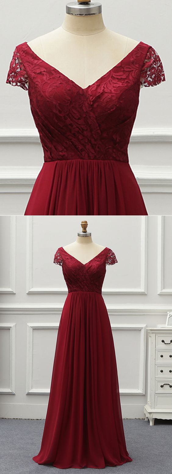 Burgundy Lace Cap Sleeve V Neck Long Chiffon Prom Dress, Formal Dress cg3815