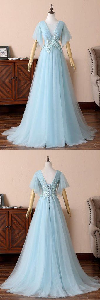 Blue Tulle V Neck Short Sleeve Long Prom Dress, Evening Dress With Applique cg3817