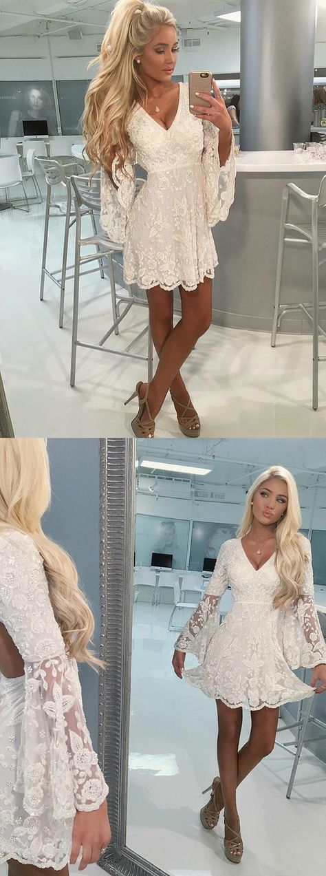 Sheath Off-the-Shoulder Bell Sleeves Short White Lace Homecoming Cocktail Dress ,cute homecoming dress cg383