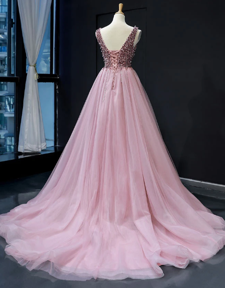 PINK TULLE SEQUIN V NECK LONG PROM DRESS TULLE SEQUIN PINK FORMAL DRESS cg3899