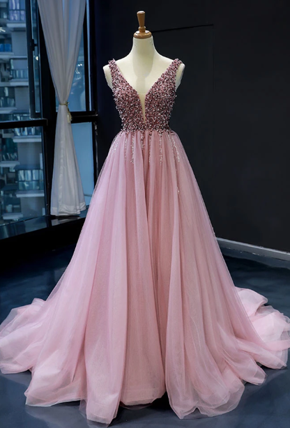 PINK TULLE SEQUIN V NECK LONG PROM DRESS TULLE SEQUIN PINK FORMAL DRESS cg3899