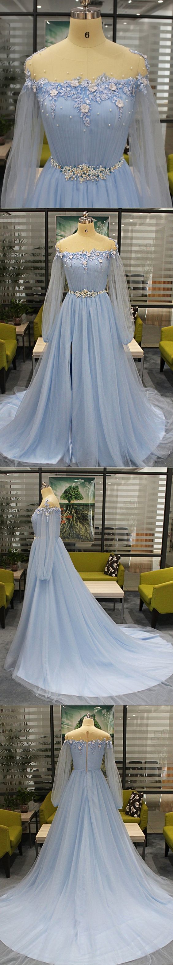 Custom Made Tulle Light Blue Long Prom Dress, Appliques Evening Dress for Prom cg3923