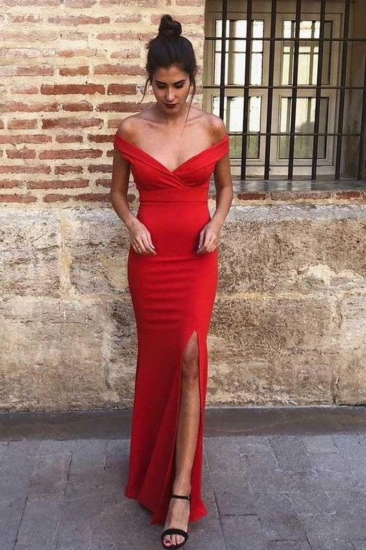 Elegant Mermaid Off The Shoulder Side Slit Red Party Evening Dress cg3937