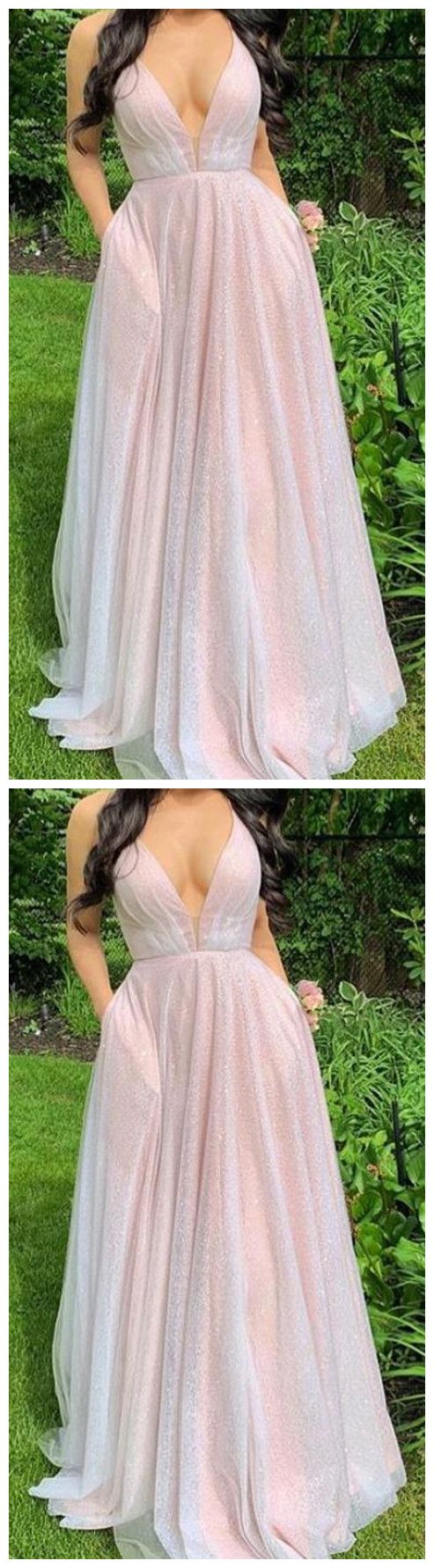 Sparkling Plunging Neck Pink Long Prom Dress cg3973