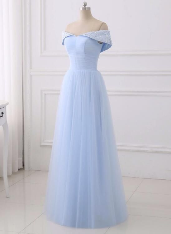 Light Blue Simple Bridesmaid Dresses, Off Shoulder Party Dress, Simple Tulle Junior Prom Dress, cg4012
