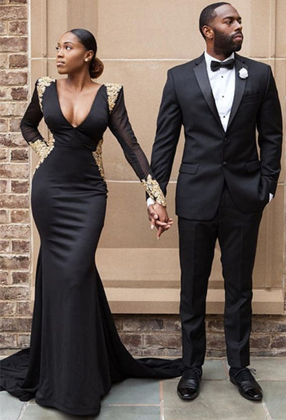 Gold and Black Long Sleeves Evening Gowns_Deep-V-Neck Mermaid Crystal Sexy Prom Dresses cg4075