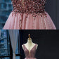 Pink Tulle Beaded Sequins Train V Neck Prom Dress, Pearl Evening Gown cg415