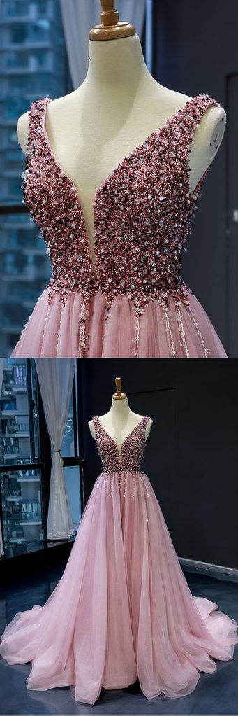 Pink Tulle Beaded Sequins Train V Neck Prom Dress, Pearl Evening Gown cg415