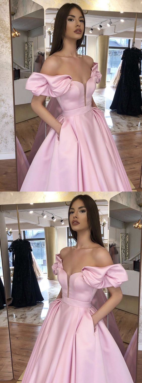 Long Satin Prom Dress Pink ball gown off shoulder cg4203