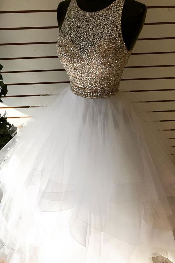 White round neck tulle sequin beads long prom dress, white evening dress cg4268