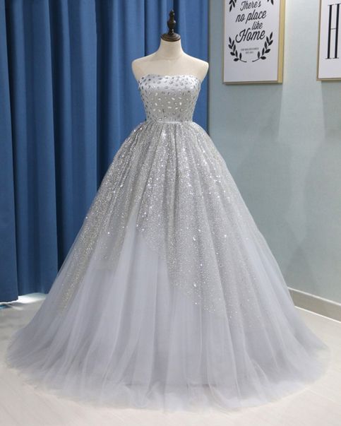 2019 Sweetheart neckline party dress ,Sliver Gray Strapless Long Puffy Prom Gown, Long Quinceanera Dress cg4380