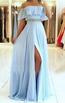 A line off shoulder split front blue chiffon prom dress with beading belt cg446