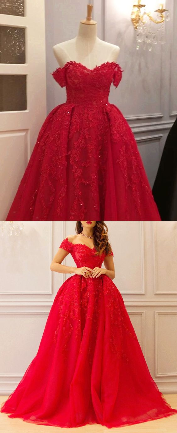 long red tulle prom dresses lace embroidery evening gowns off shoulder cg4502