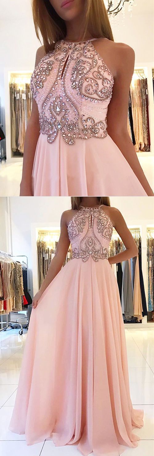 Blush Pink Halter Chiffon Open Back Long Prom Dress,Formal Gown With Beaded Top cg454