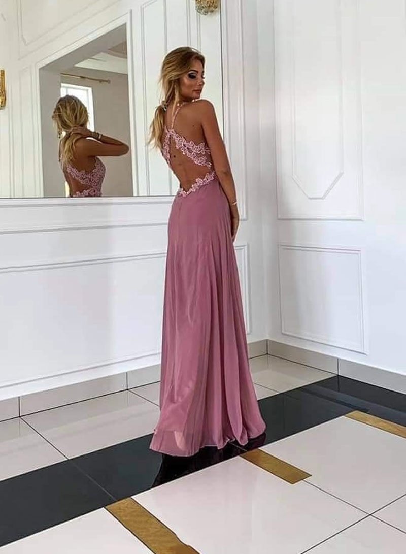 Stylish v neck chiffon lace long prom dress, evening dress cg4556