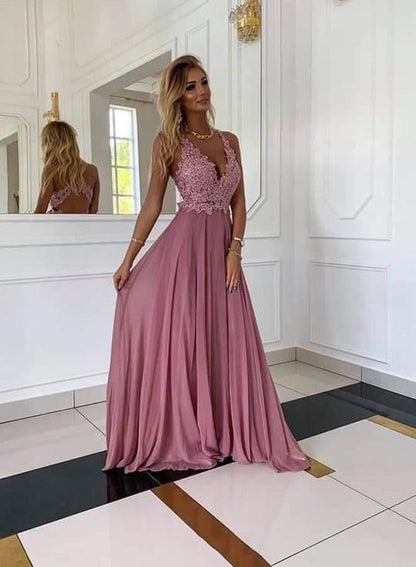 Stylish v neck chiffon lace long prom dress, evening dress cg4556