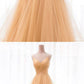 Custom made gold v neck tulle long prom dress, evening dress cg456