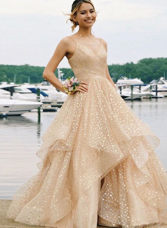 Champagne v neck tulle long prom dress, evening dress cg4582