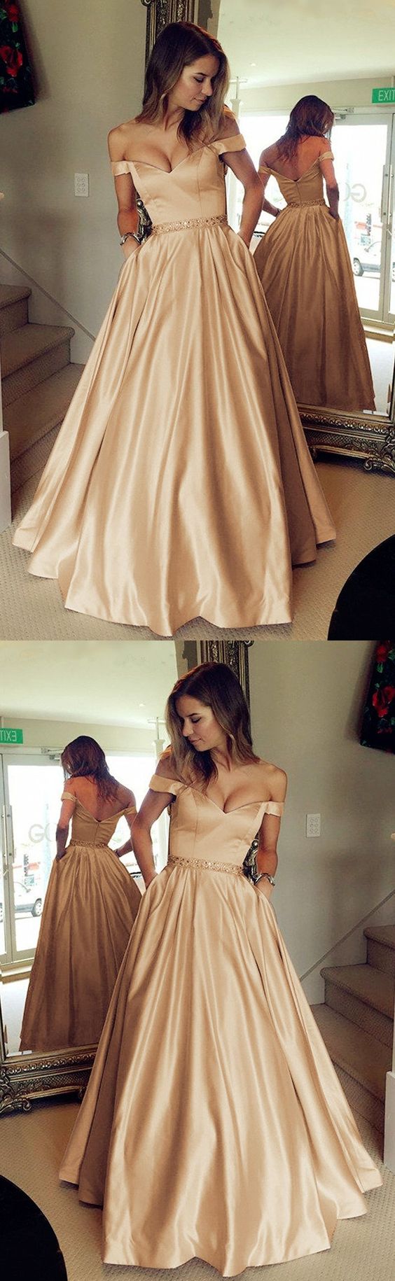 Champagne Satin Off Shoulder Beaded Sashes Satin Prom Dresses cg4619