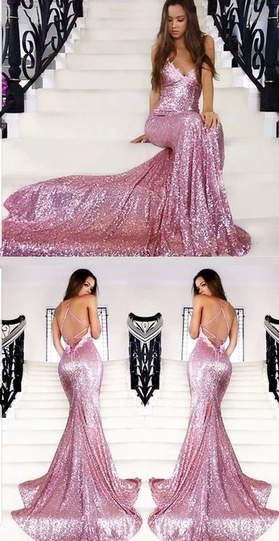 Spaghetti Straps pink sequin prom dress ,modest prom dress  cg462