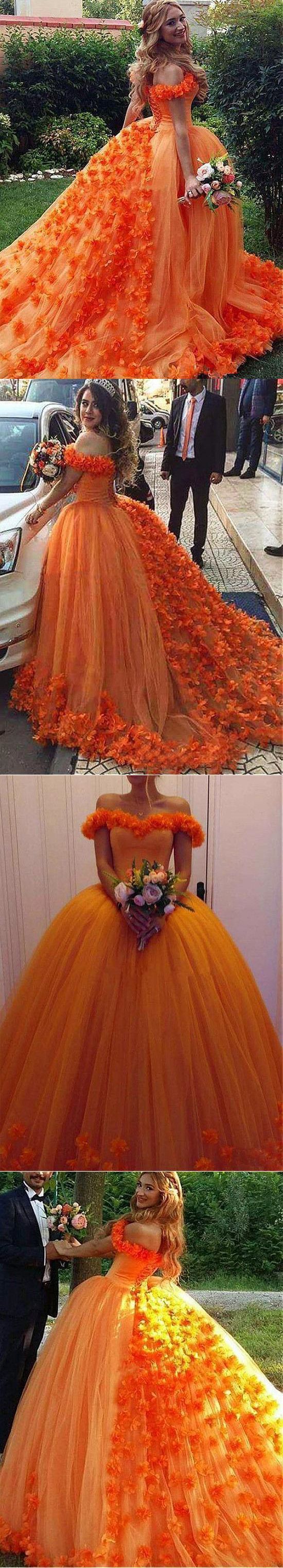 Chic A-line Off-the-Shoulder Orange Prom Dresses Tulle Long Prom Dress Evening Dress  cg4631