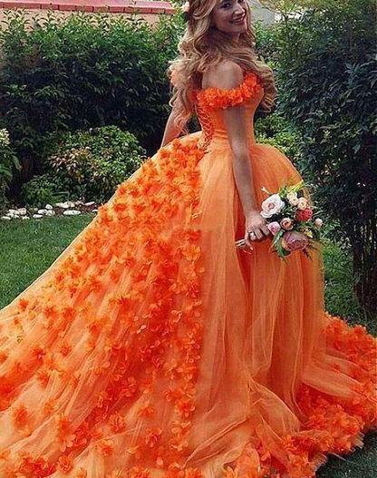 Chic A-line Off-the-Shoulder Orange Prom Dresses Tulle Long Prom Dress Evening Dress  cg4631