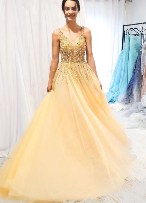 Gold v neck tulle beads long prom dress, evening dress cg4645