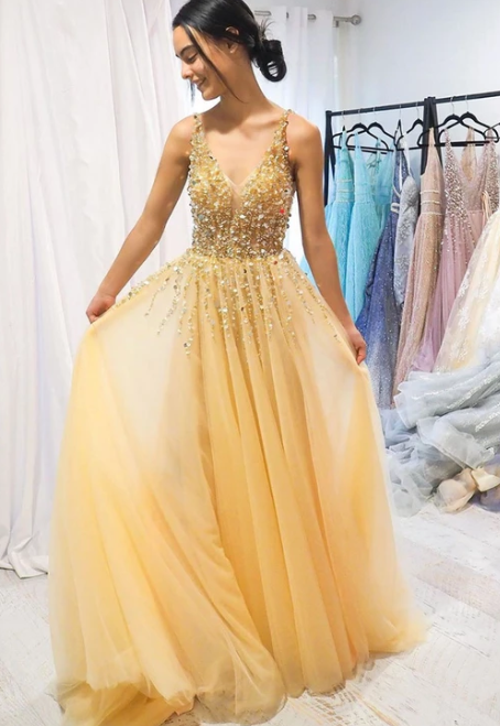 Gold v neck tulle beads long prom dress, evening dress cg4645