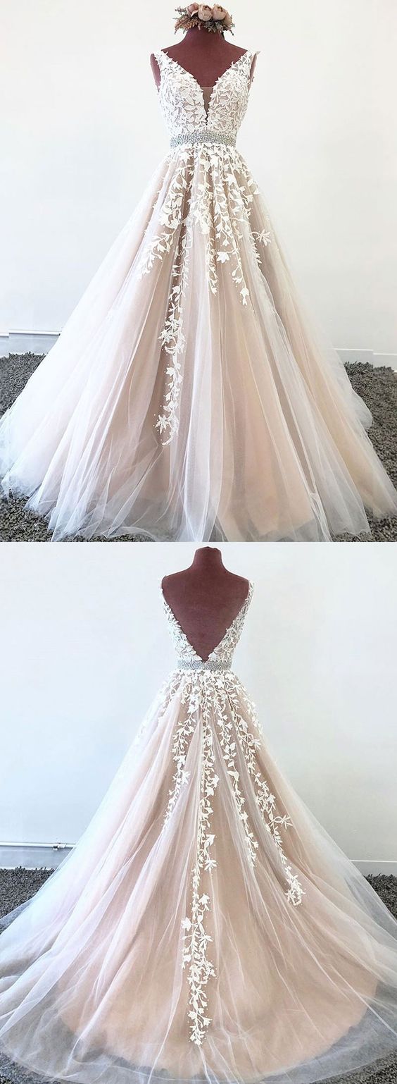 Stylish v neck tulle long prom dress white applique, evening dress cg4688