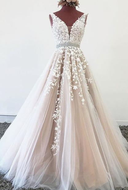 Stylish v neck tulle long prom dress white applique, evening dress cg4688