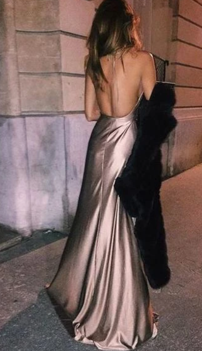 Sexy Backless Champagne Satin Prom Dresses | Long Party Dresses with Slits cg4691