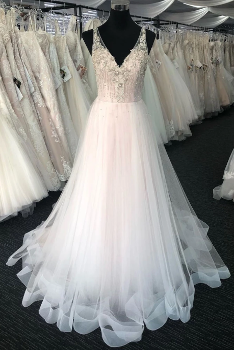 WHITE V NECK TULLE BEADS LONG PROM DRESS WHITE TULLE EVENING DRESS cg4709