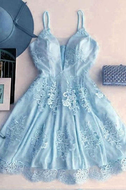 light blue homecoming dress,short homecoming dress ,v-neck cocktail dress,semi formal dresses,elegant party dress cg475