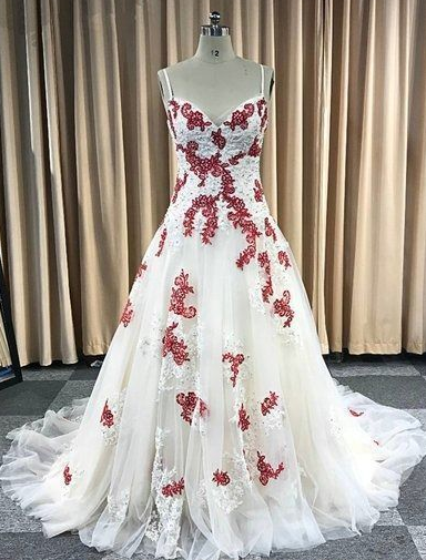 Cute Gorgeous Ivory Tulle Red Lace Applique prom dress cg4772