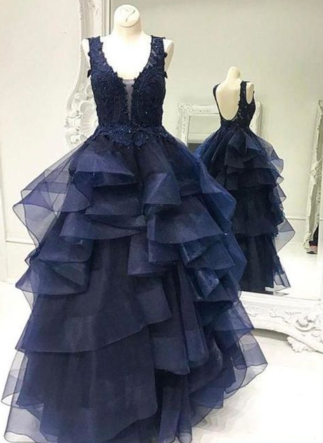 Navy Blue Sleeveless A Line Prom Dresses,Lace Appliques Evening Dress  cg4775