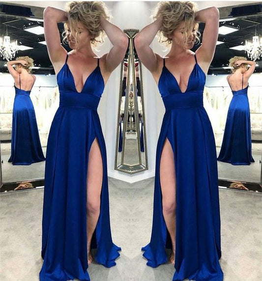 Royal Blue Satin Side Slit Long Prom Dress Spaghetti Strap V-Neck Prom Dresses Plus Size Formal Evening Party Gowns 2019 cg4779