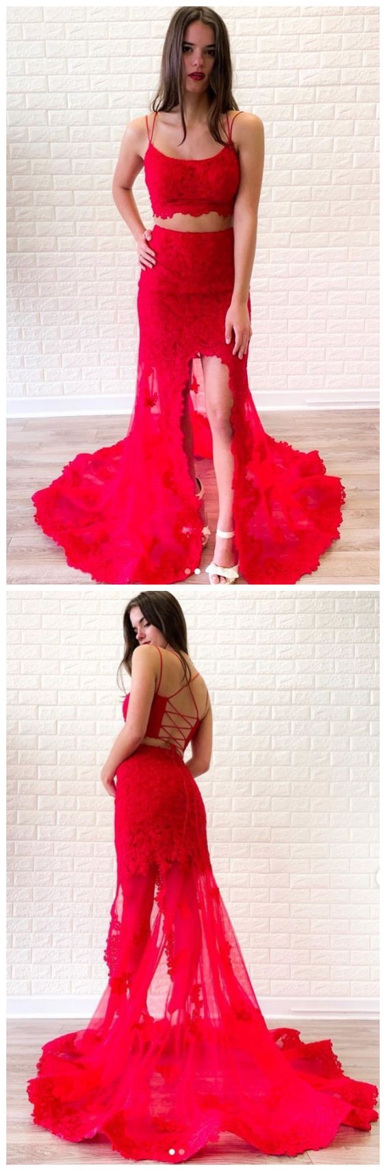 Red two pieces lace long prom dress, red lace evening dress  cg4782