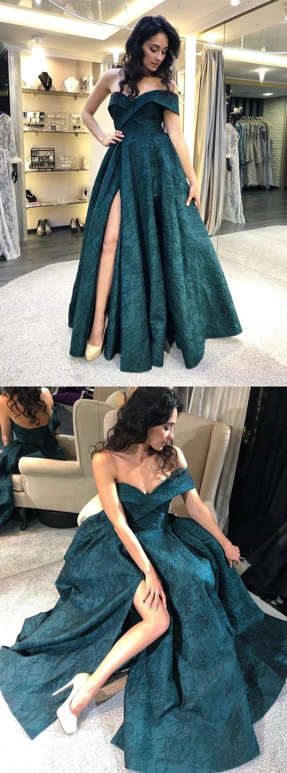 A-Line Off-the-Shoulder Floor-Length Dark Green Prom Dress with Split cg4786