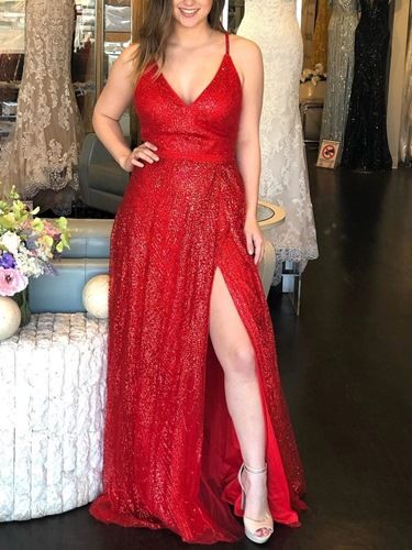 Sleeveless Spaghetti Straps A-Line Split-Front Prom Dress cg4826