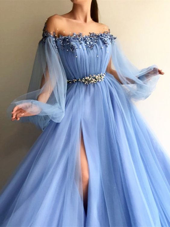 A-Line Long Sleeves Off-The-Shoulder Tulle With Beading Floor-Length Dresses ,modest prom dress   cg483