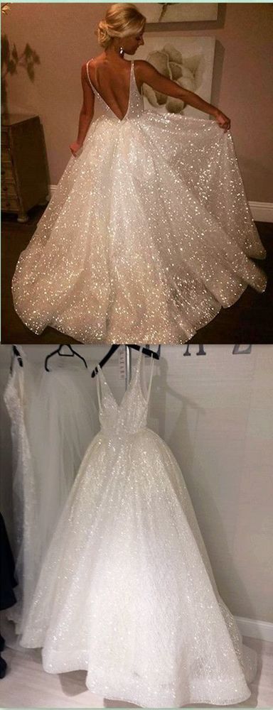 V-neck Long A-line Sparkle Wedding Dresses , modest prom dress cg484