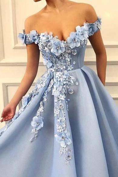 A Line Blue Off the Shoulder Tulle Lace Sweetheart 3D Flowers Prom Dresses,Formal Dress  cg486