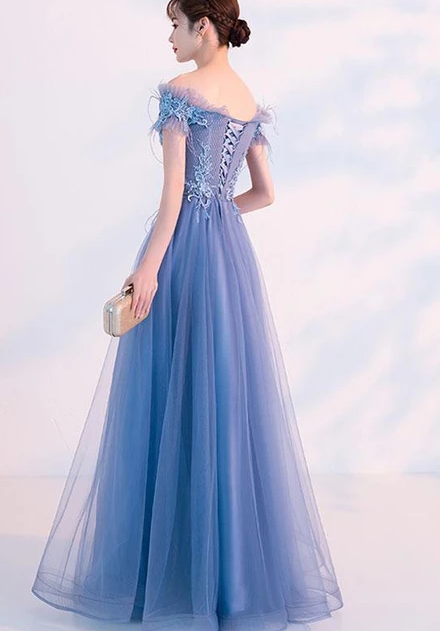 BEAUTIFUL BLUE TULLE LACE LONG PROM DRESS, BLUE TULLE OFF SHOULDER DRESS cg4860