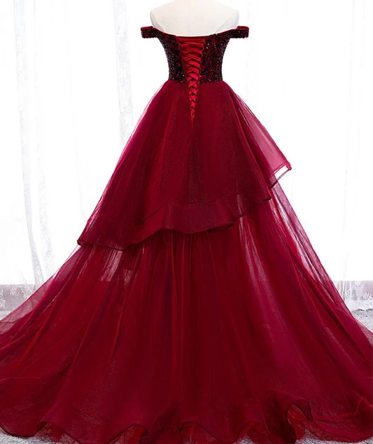 BEAUTIFUL BURGUNDY SWEETHEART OFF SHOULDER TULLE LONG PROM DRESS TULLE FORMAL DRESS cg4865